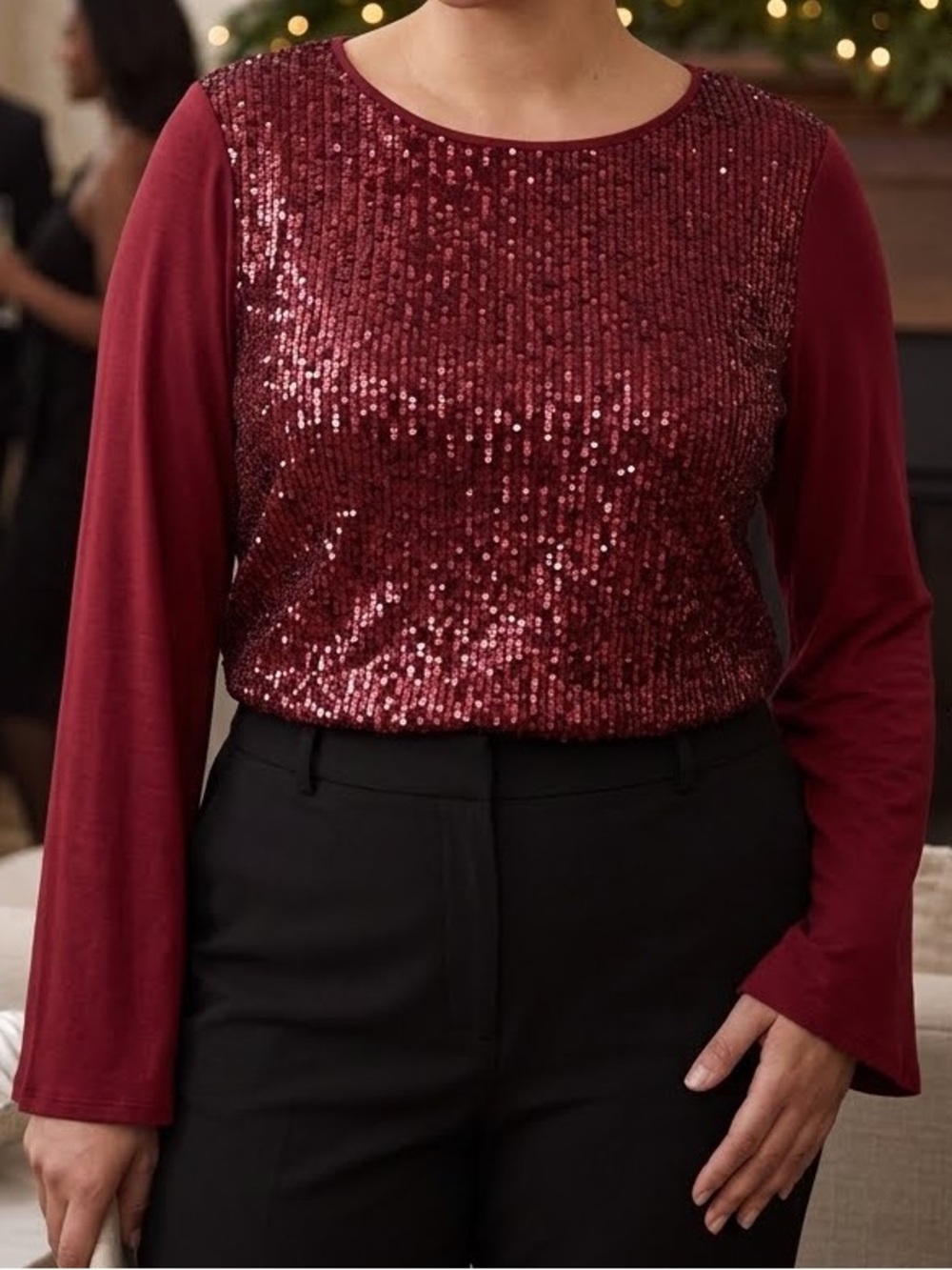 Minette Burgundy Red Sequin Long Bell Sleeve Top L